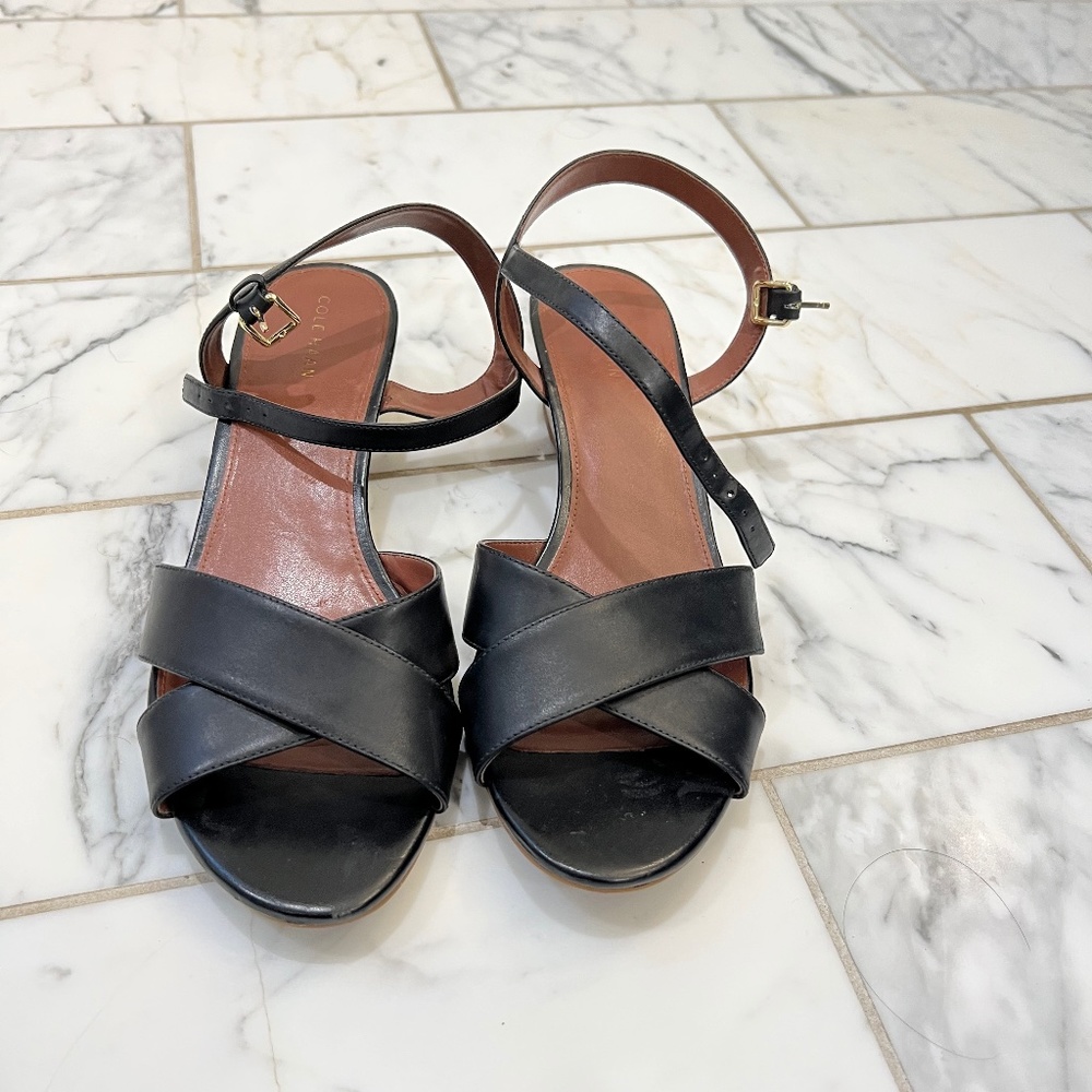 Cole Haan Black Leather Crisscross Ankle-Strap Sandals